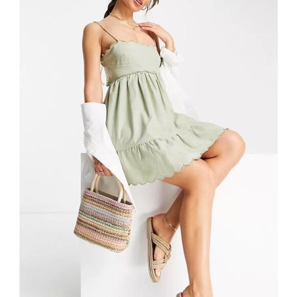 ASOS sage green scalloped edge dress size 2 new with tags cut out - Picture 2 of 11